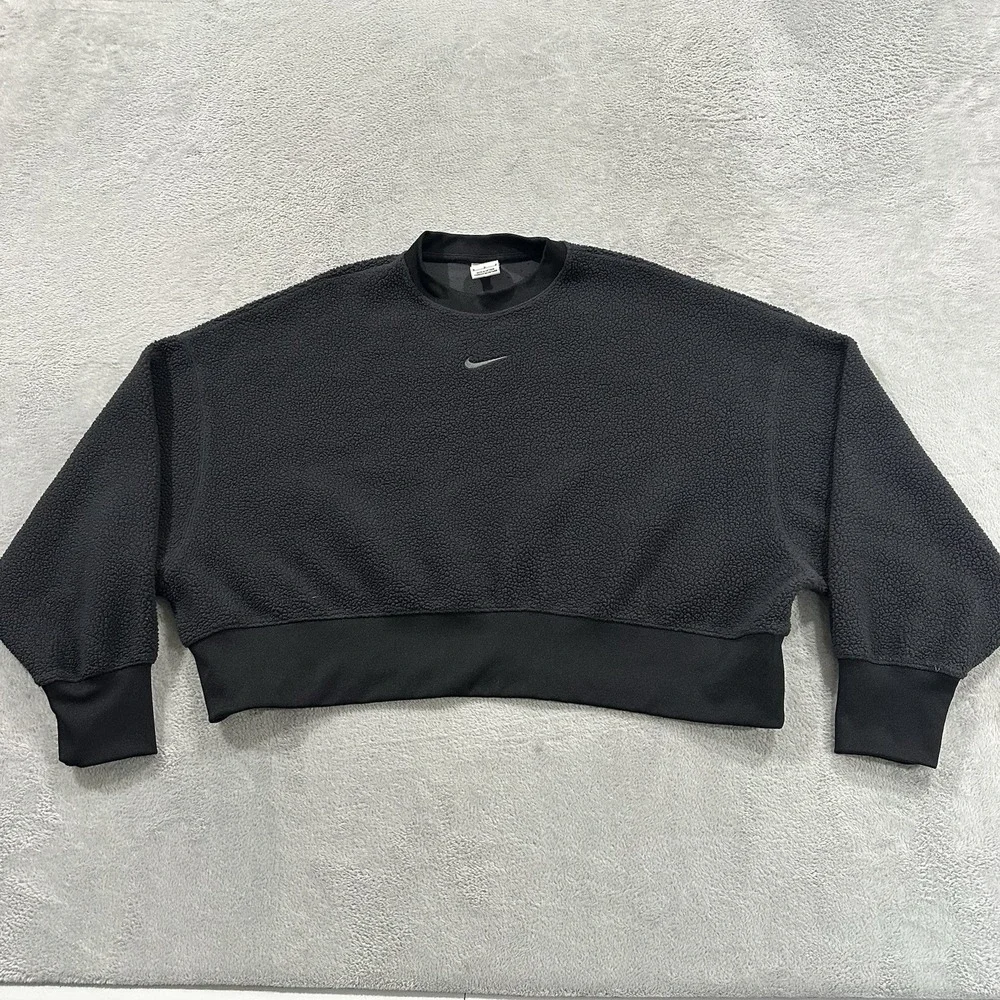 Nike Crop Sweatshirt Women's M Black Teddy Fleece Pullover Crewneck Baggy Lounge
